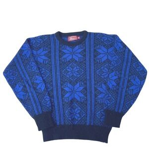 Winter Harbor Shetland Wool Blend Mens M Sweater Blue Black Snowflake USA Made